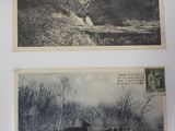 two old black and white photos of horses and people in a field