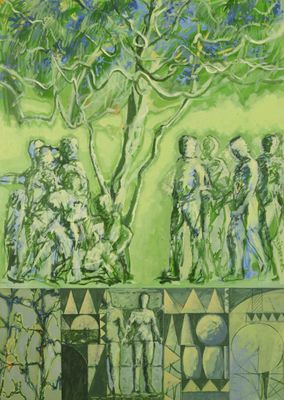 un tableau représentant un groupe de personnes debout sous un arbre