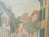 a painting of a street with buildings on both sides of it