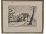 an image of a painting of a stone arch in a park