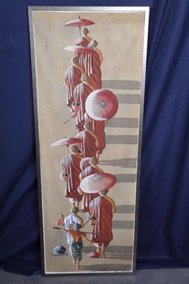 tableau représentant un groupe de personnes avec des parapluies sur fond bleu