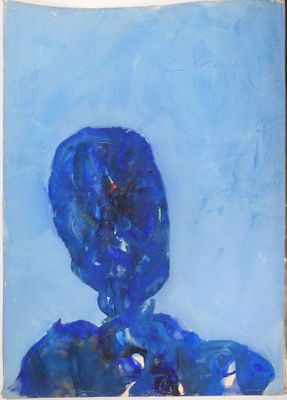 an image of a painting of a person with a blue face