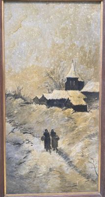 painting of two people walking down a snow covered path in front of a barn