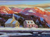 painting of a painting of a small town in the mountains