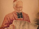 painting of an old man reading a newspaper while wearing a red hat