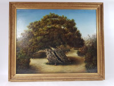 an oil painting of a tree in a field with a blue sky in the background