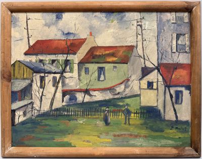 une image représentant un tableau d'un village avec un cheval au premier plan