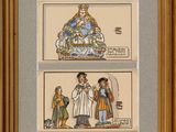 two cross stitch pictures of a man and a woman with a child
