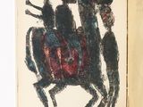 un dessin représentant un homme à cheval avec une femme sur le dos