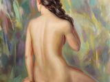 un tableau représentant une femme assise sur un tabouret, de dos par rapport à l'appareil photo