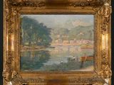 an oil painting of a river scene with a village in the background