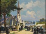 tableau représentant un groupe de personnes debout devant une église