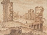 dessin représentant la vue d'un château en ruines avec un homme à cheval