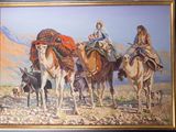 a painting of a group of people riding on camels