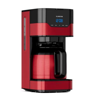 a red coffee maker sitting on top of a white surface