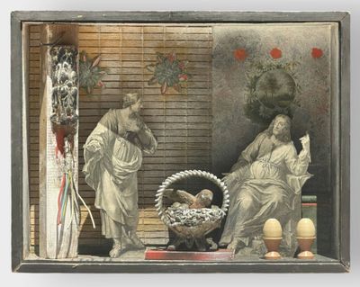 a picture of a painting of a man and woman in a room