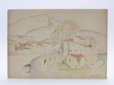 drawing of a village with a river and mountains in the background
