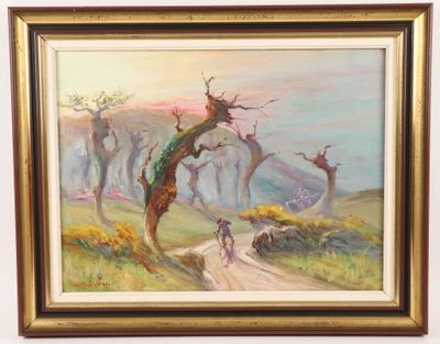 tableau représentant une femme marchant sur un chemin de terre
