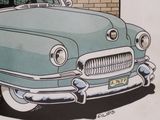 illustration of a blue classic car parked in front of a brick wall