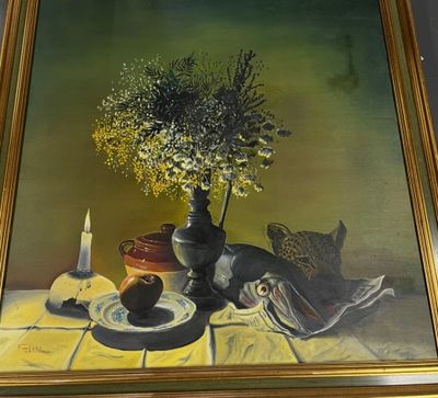 a picture of a painting of fish and flowers on a table