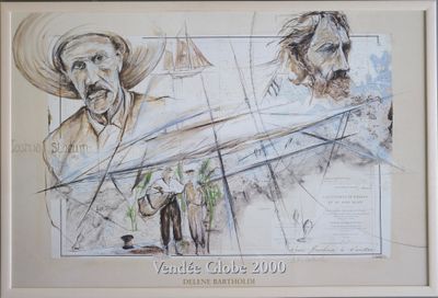 painting of a man and a woman in a boat with a man in a hat
