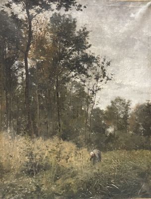 un tableau représentant une personne dans un champ, avec des arbres en arrière-plan