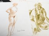 three drawings of a woman sitting on a table