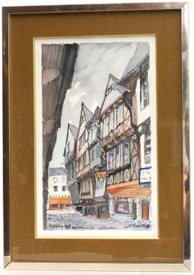 framed watercolor painting of a street scene in a european city