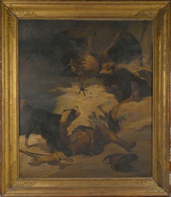 une image représentant un tableau où l'on voit un groupe d'oiseaux dans un paysage enneigé