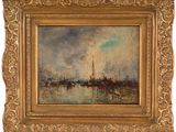 une peinture à l'huile représentant des bateaux sur un plan d'eau, avec le ciel en arrière-plan