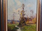 an oil painting of a farm scene with a stream in the foreground