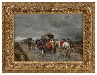 une image représentant un tableau où l'on voit un groupe de personnes à cheval tirant un chariot bâché