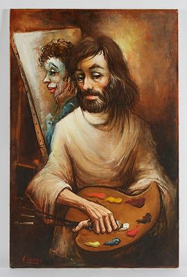 tableau représentant un homme tenant une palette, avec un clown derrière lui