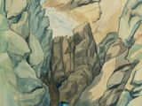 une image représentant une aquarelle d'une cascade dans un paysage rocheux