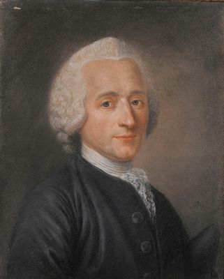 un vieux tableau représentant un homme aux cheveux blancs vêtu d'une veste noire