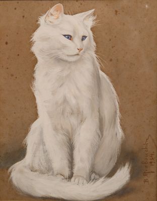 tableau représentant un chat blanc aux yeux bleus, assis sur une surface marron