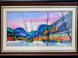 painting of a landscape with trees and a river in the foreground