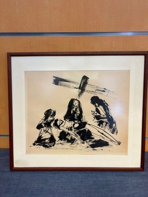 dessin encadré représentant Jésus et trois femmes assises par terre, avec une croix en arrière-plan
