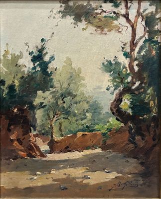an image of a painting of a dirt road with trees in the background