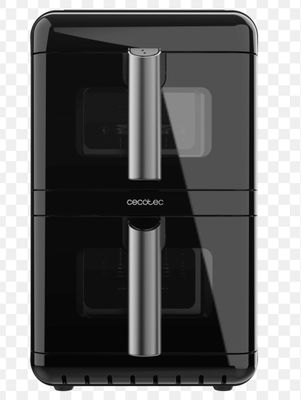 a black and silver air fryer sitting on top of a counter