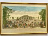 an old picture of a large building with a lot of people around it
