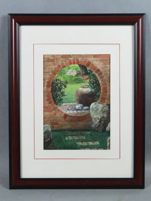 tableau représentant une plante en pot posée sur le rebord d'une fenêtre dans un mur de briques