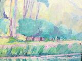 a painting of horses grazing in a field next to a body of water