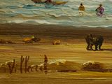 a painting of people on a beach with a horse drawn carriage
