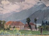 a picture of a painting of a village in the mountains