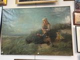 un tableau représentant une femme assise sur un banc devant un tableau