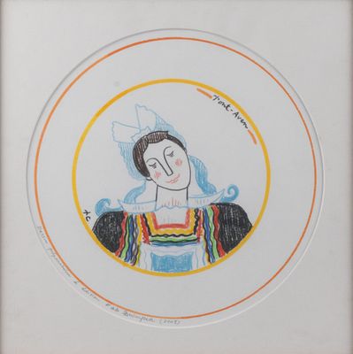 drawing of a woman in a colorful dress with a bird on her head