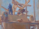 tableau représentant un groupe d'hommes debout au sommet d'un immeuble en construction