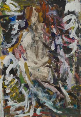 une peinture à l'huile représentant un cheval au galop dans un champ, avec beaucoup de peinture sur le tableau