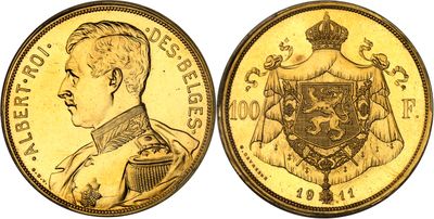 a gold coin with a portrait of a man and a coat of arms